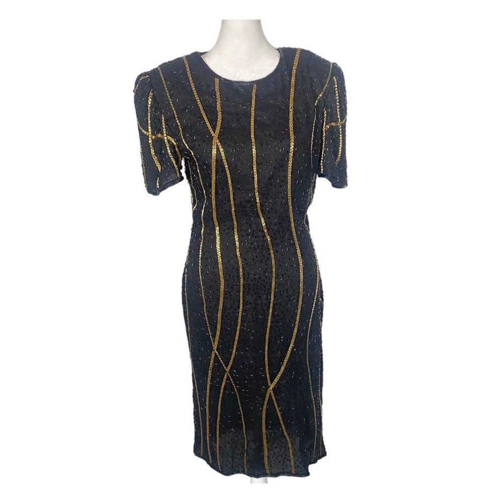 Vtg SWEE LO Women Beaded Sleeveless Zip Back Dress Sz S Black Elegant Art Deco